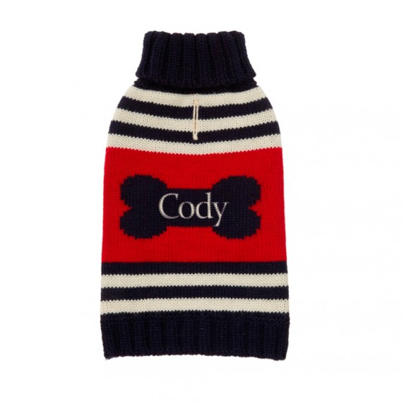Personalized turtleneck dog sweater red and navy bone
